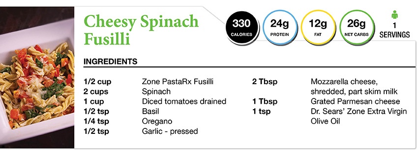 Zone Diet Cheesy Spinach Fusilli Recipe